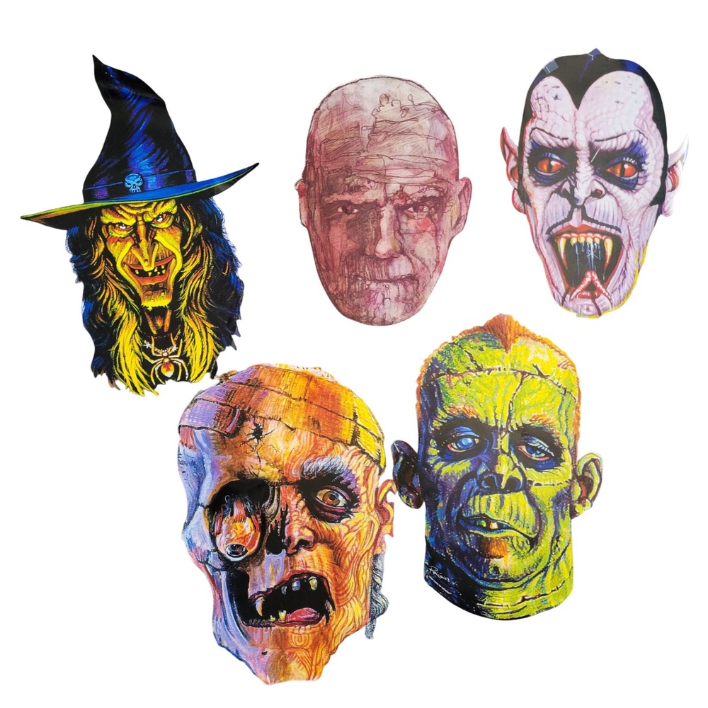Vintage Amscan Halloween Die Cut Lot Decorations Monster Heads Ron Lewis Set 5